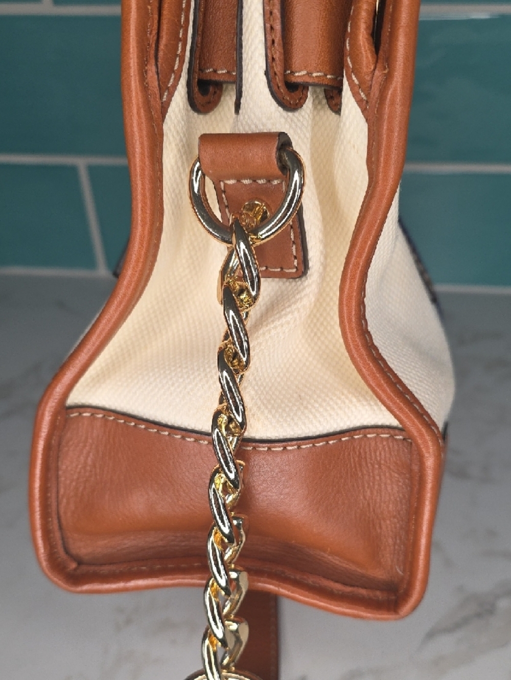 Michael Kors Hamilton MonoNavy and Tan Stripe Canvas Tote with Gold Hardware - Picture 7 of 14